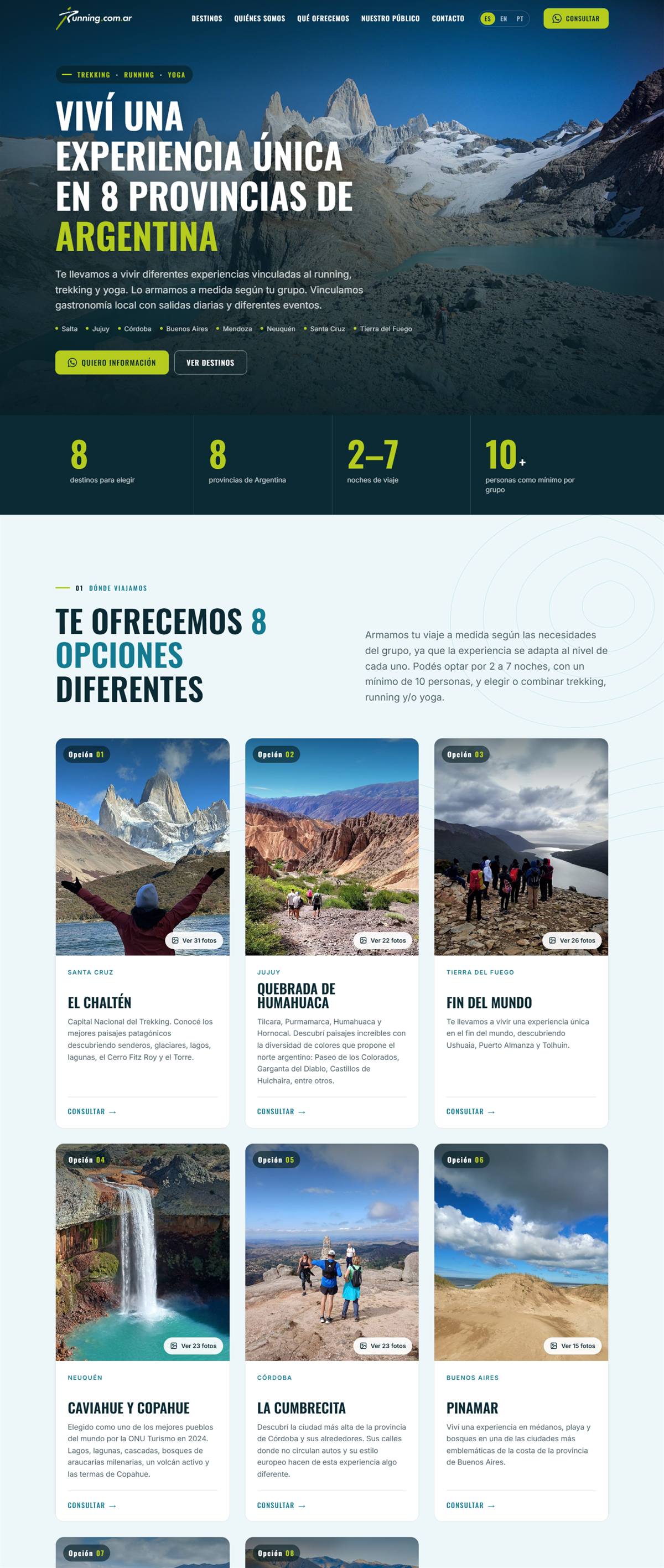 Rediseño de Running.com.ar en computadora: portada con el cerro Fitz Roy, datos del viaje y las tarjetas de destinos.